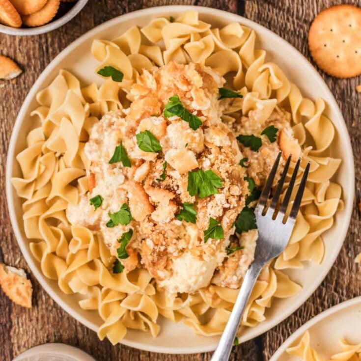 A plate of slow cooker Ritz chicken, made after reading these dump and go crockpot dinners