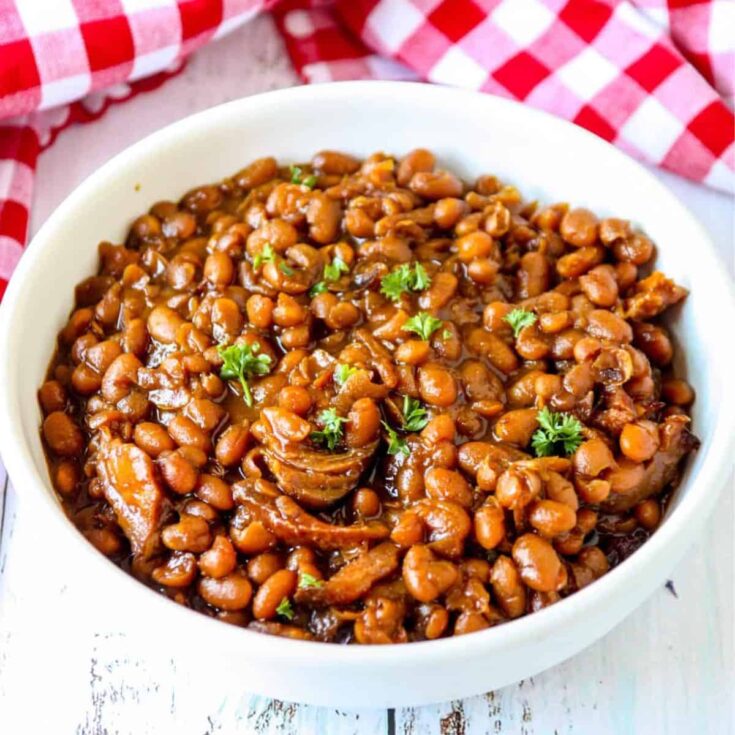 A bowl of slow cooker baked beans