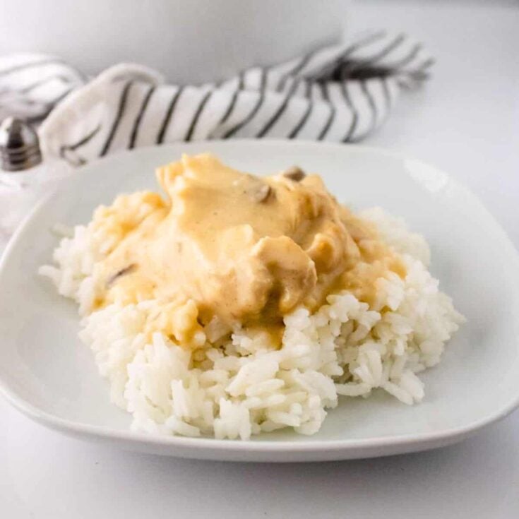 A plate of slow cooker smothered chicken with rice