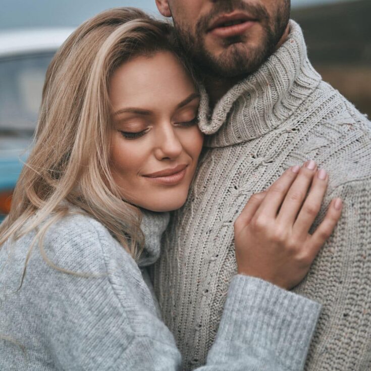 Woman leaning on the man's chest. Sweet romantic quotes.