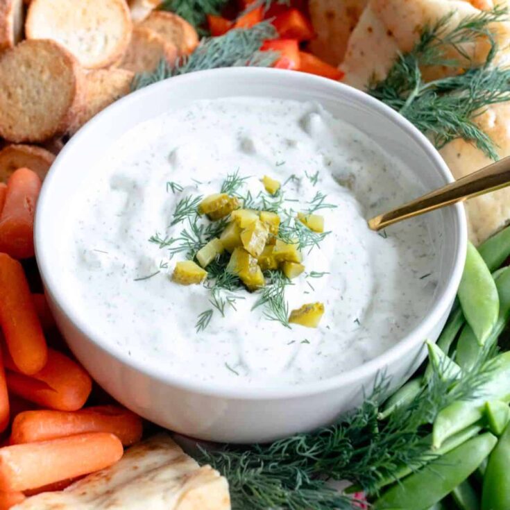 A bowl of Dill cottage cheese pickle dip