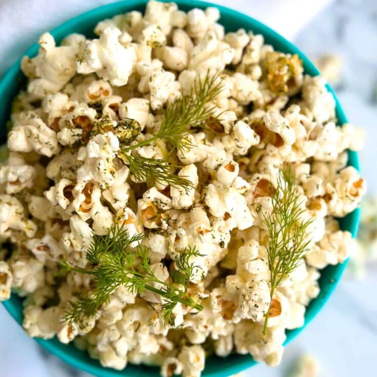 A bowl of Dill pickle popcorn