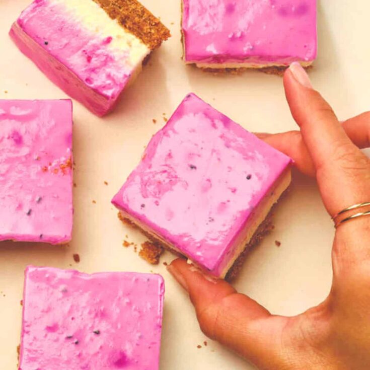 Pink dragon fruit cheesecake bars