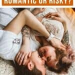 A tattooed couple being intimate on the bed, with the text overlay His and her tattoos: Romantic or risky?