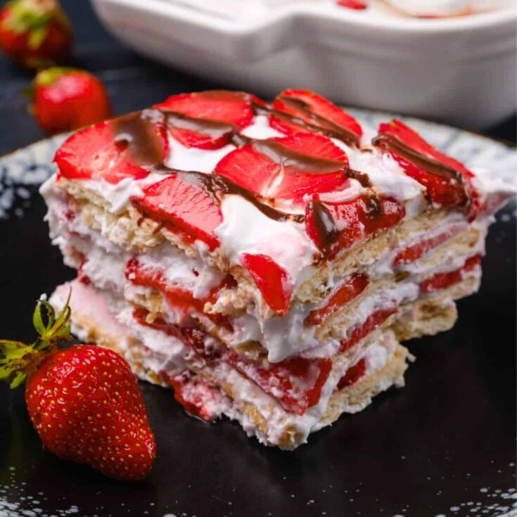 A slice of strawberry icebox cake