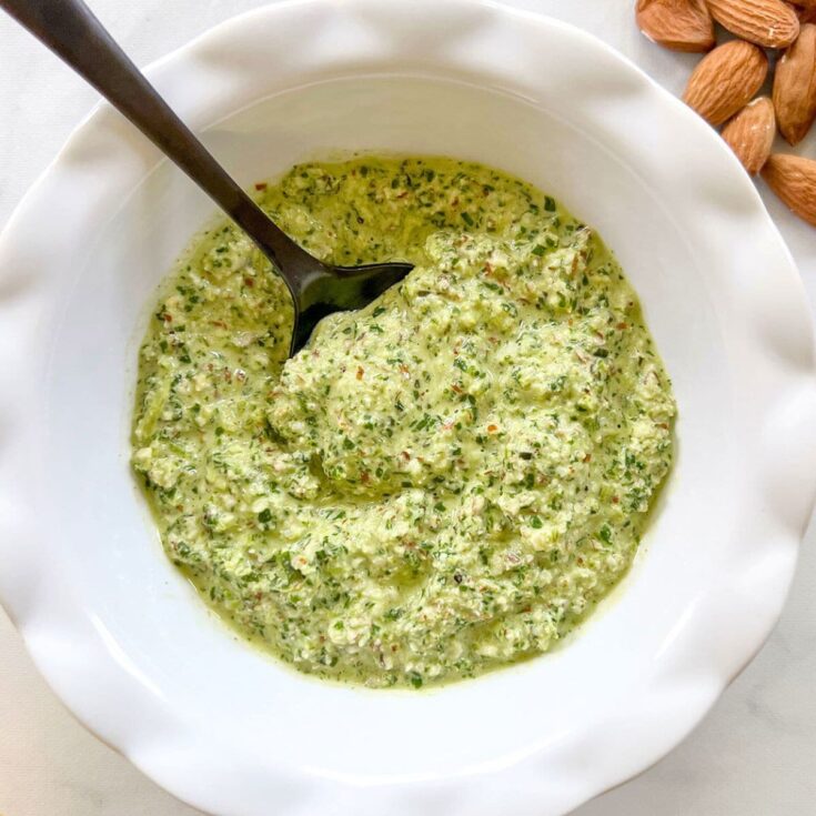 Almond pesto green appetizer in a bowl