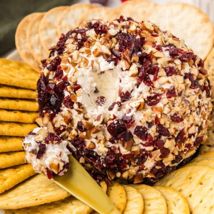 Cranberry pecan cheese ball with biscuits on the side