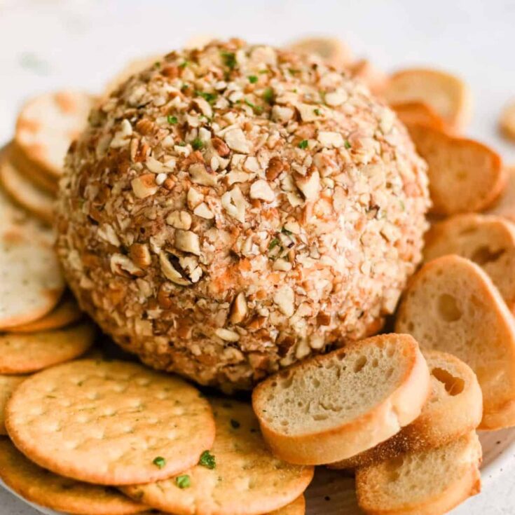 Cheese ball with bread and biscuits on the side