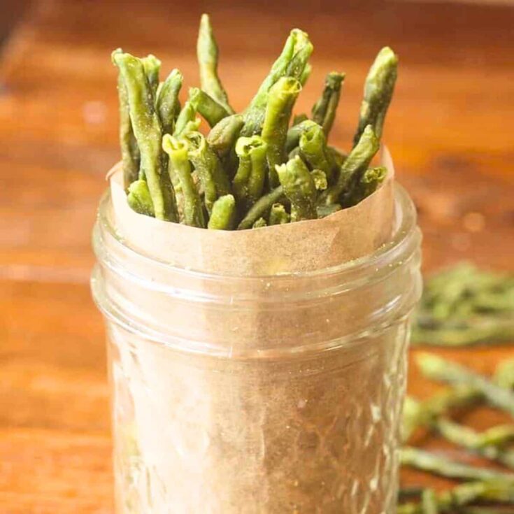 Crispy green bean chips appetizer in a jar