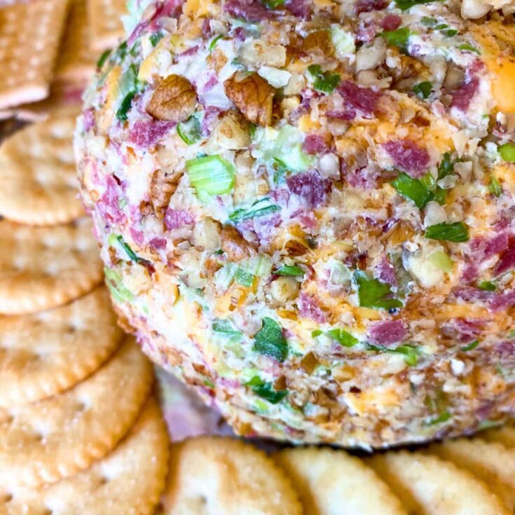 Cheese ball with dried beef and biscuits on the side