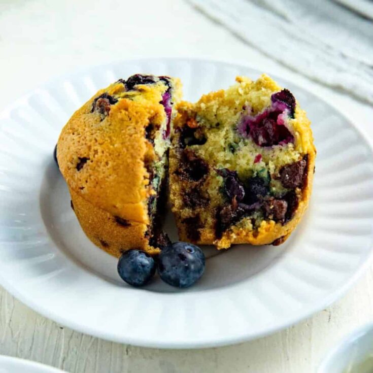Blueberry chocolate chip muffin cut in half