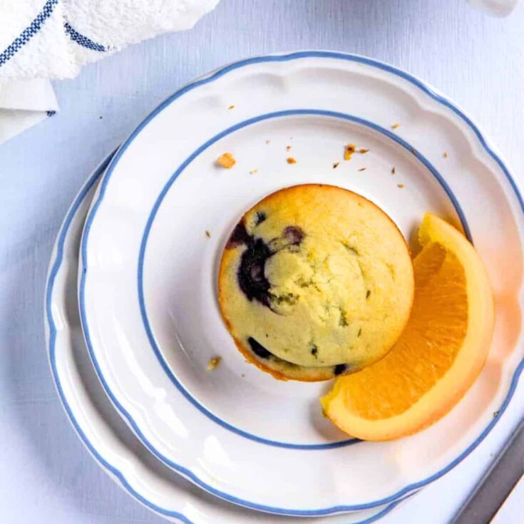 Blueberry orange muffins on a plate, made after reading these blueberry muffin recipes