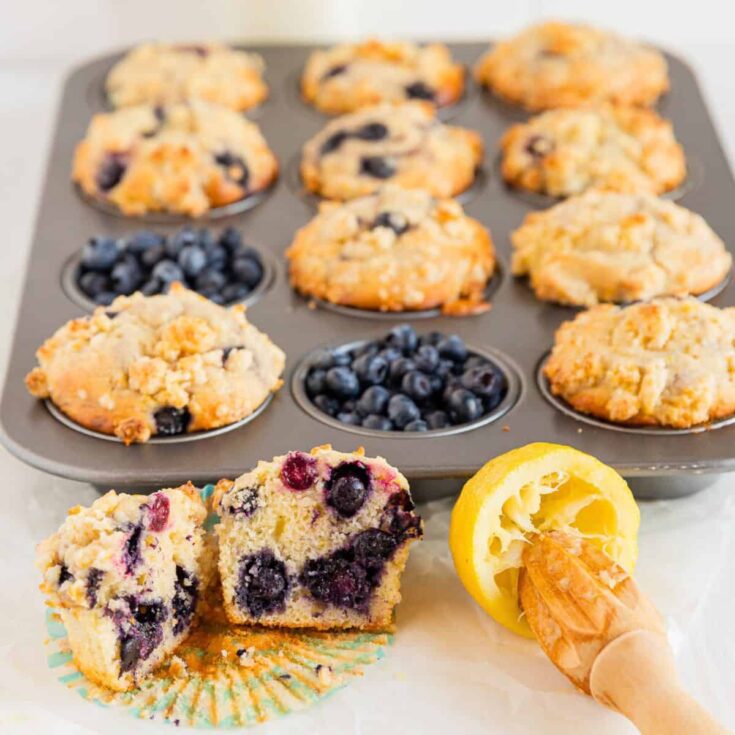 Sourdough blueberry muffins on a tray