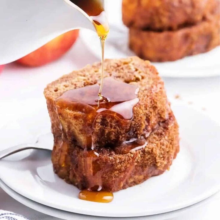 Baked apple butter French toast topped with maple syrup