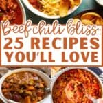 A collage of beef chili, with the text overlay, Beef chili bliss: 25 recipes you'll love