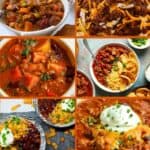 A collage of beef chili, with the text overlay, Beef chili recipes you'll love