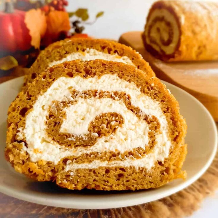 A slice of Amish pumpkin roll dessert, made after reading these Fall dinner party
