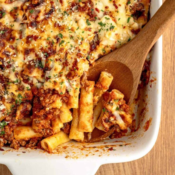 Creamy baked ziti, made after reading these Fall dinner party recipes