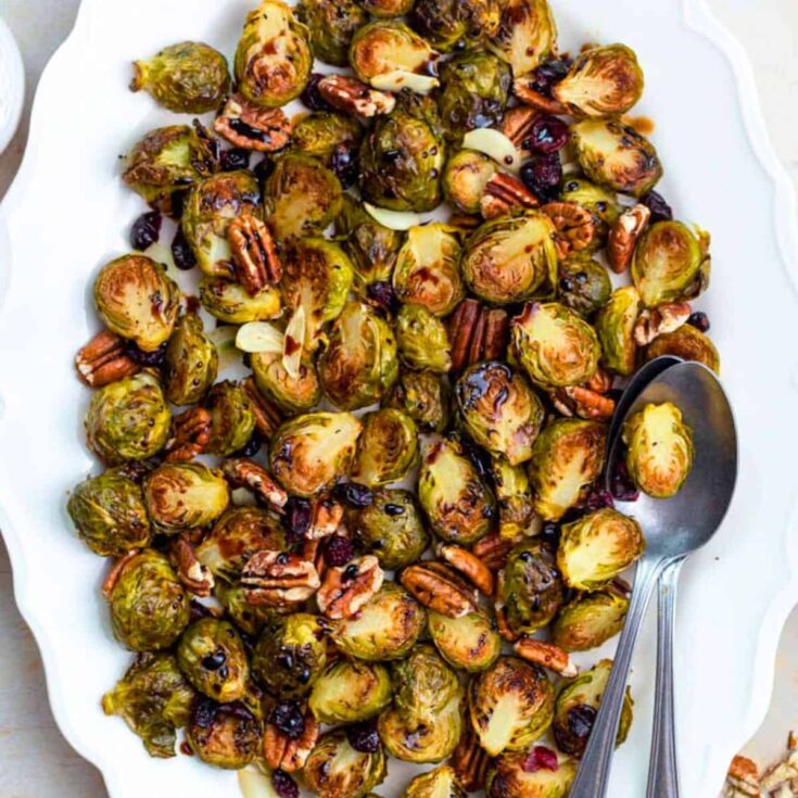 A big serving of crispy roasted frozen Brussels sprout side, made after reading these Fall dinner party
