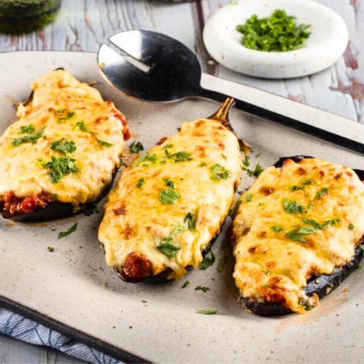 Papoutsakia (Greek stuffed eggplants), made after reading these Fall dinner party recipes