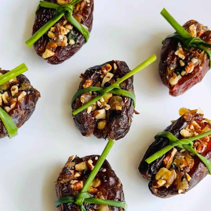 Savory stuffed dates appetizer, made after reading these Fall dinner party recipes