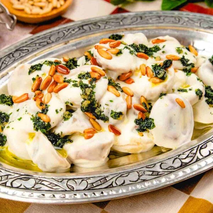 Shish Barak appetizers on a big plate, made after reading these Fall dinner party recipes