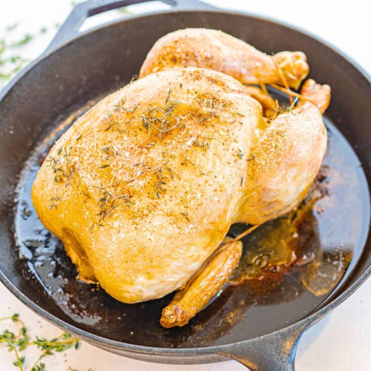 Roasted chicken on a pan, made after reading these Fall dinner party recipes