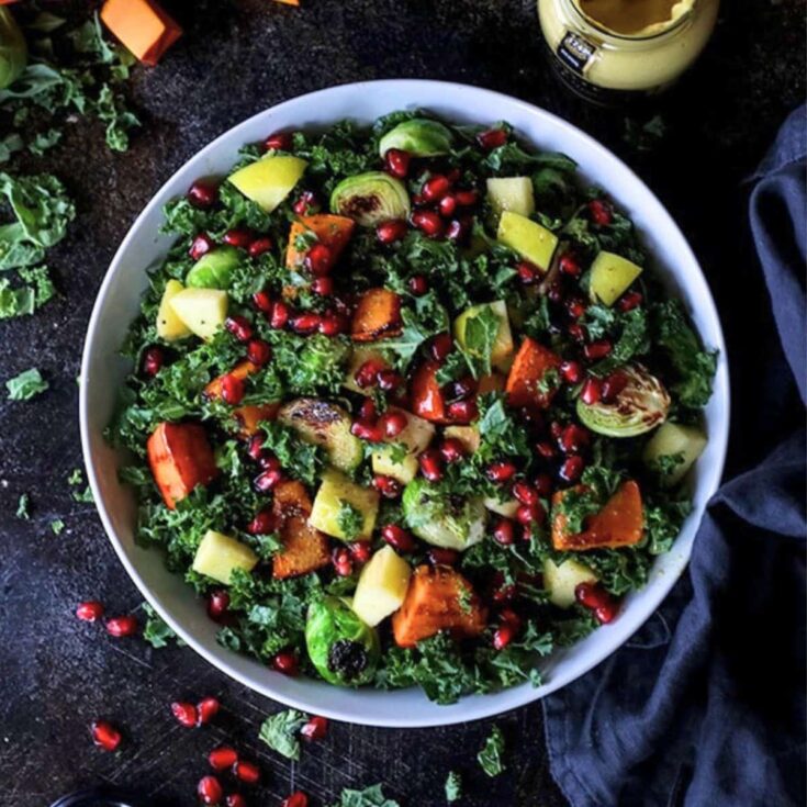A bowl of Vegan fall harvest salad side, made after reading these Fall dinner party