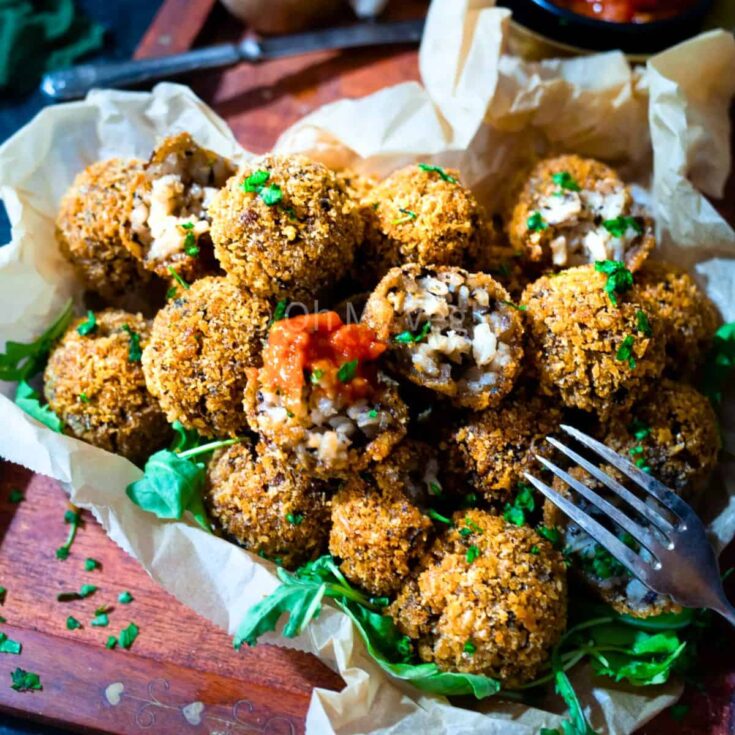 Vegan mushroom arancini appetizer, made after reading these Fall dinner party recipes